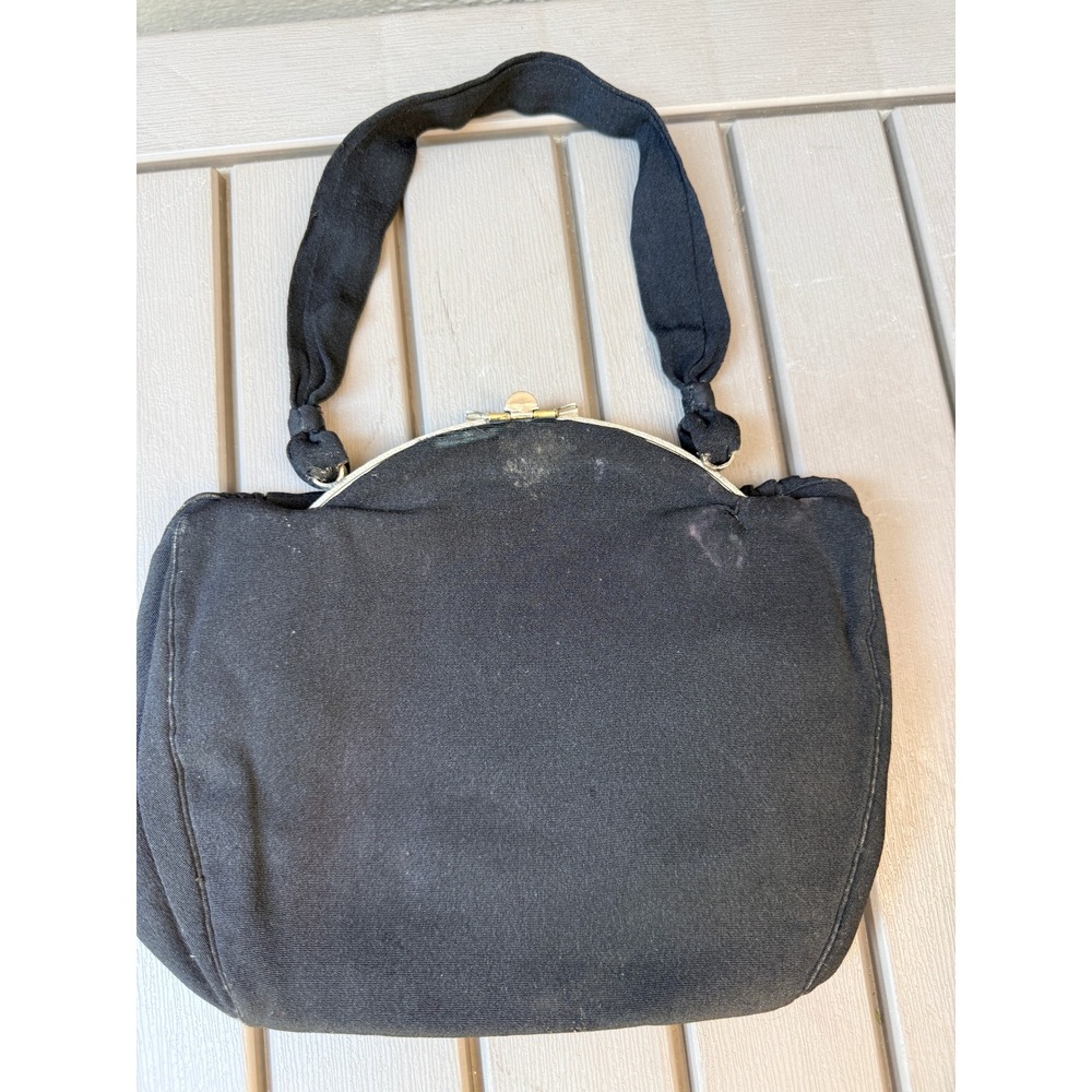 Vintage Black Fabric Handbag Silver Tone Fan Clasp Mid Century Evening Bag -BE - Picture 3 of 6